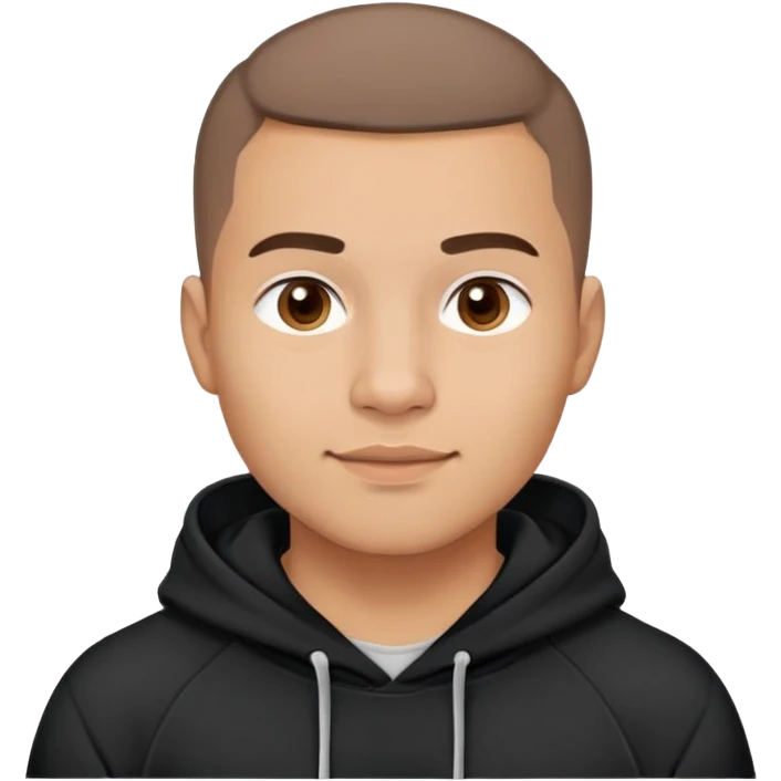 Latino man with light brown warm skin, round face, full cheeks, soft jaw, slight friendly smile, very very short almost buzz cut hair, medium eyebrows, medium eyes, straight nose, medium lips, wearing black hoodie with white logo, practical and hardworking vibe emoji