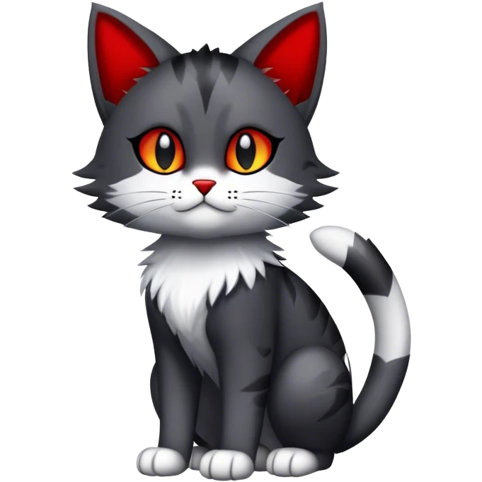 Cute cool black red white grey feline-animal-hybrid-Fakemon full body emoji