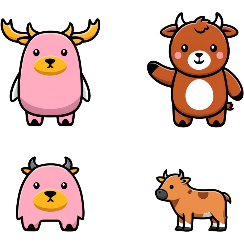 Penguin, highland cow, pink bear, brown dog emoji