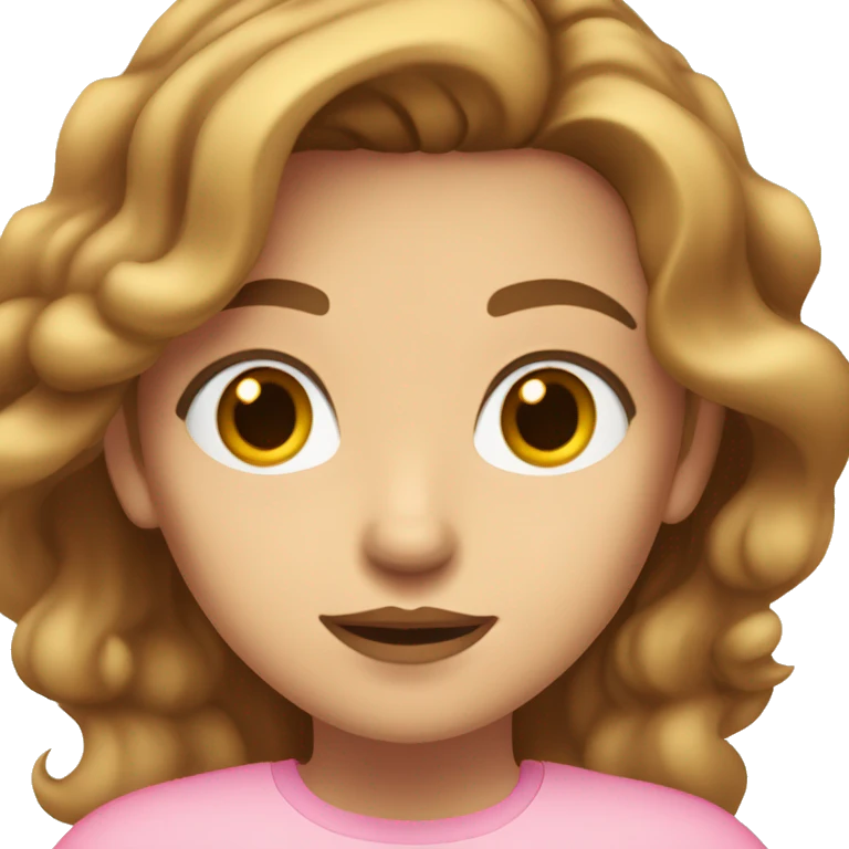female character with long, wavy light brown hair, large brown eyes, light to medium skin tone, and soft pink lips with a neutral expression. She is wearing a plain pink shirt emoji