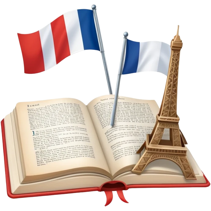 An icon featuring the Eiffel Tower and the flag of France, symbolizing the French language. The design includes an open book with French text and a croissant, representing language learning and French culture. Transparent background highlights the elegance of the French-speaking world. emoji