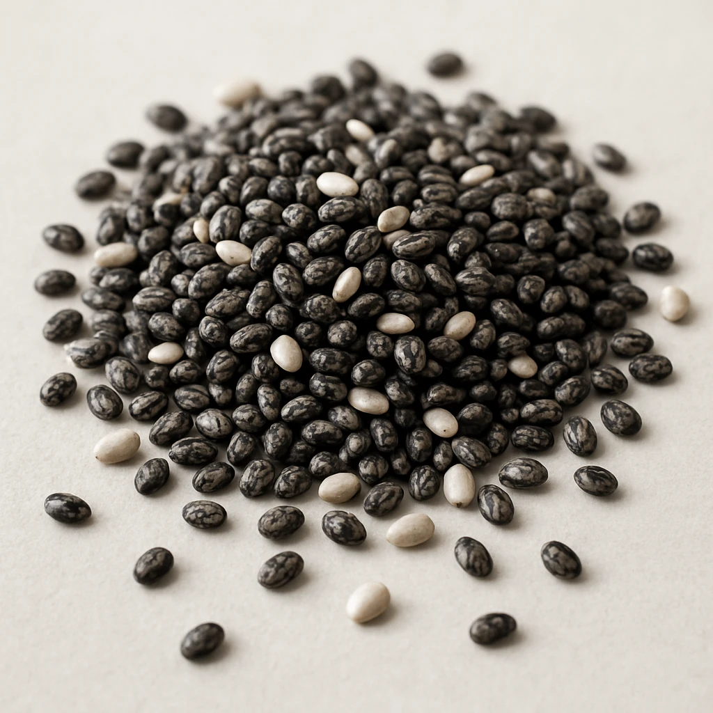 chia seeds, photorealistic, black and white seeds, close-up view, light background emoji