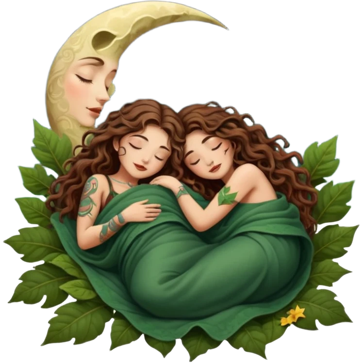 two forest alchemist women — one with long wavy brown hair and tattoos, one with short tight curly brown hair — sleeping back to back under leaf blanket crescent moon above emoji