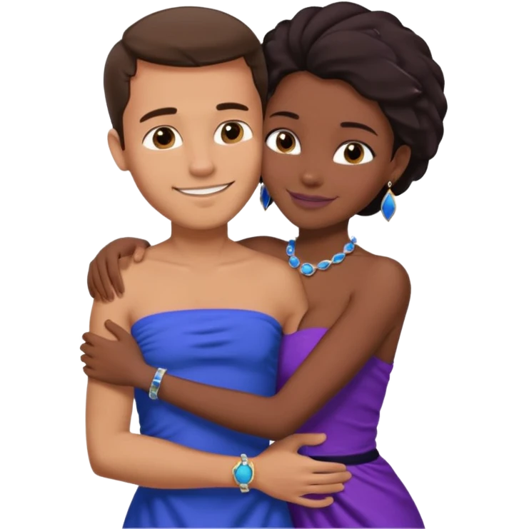 Tan tall brunette European male in blue shirt smiling and hugging a jet black African girl in purple strapless dress and blue jewelry they are on a beach with blue ocean water and palm trees emoji
