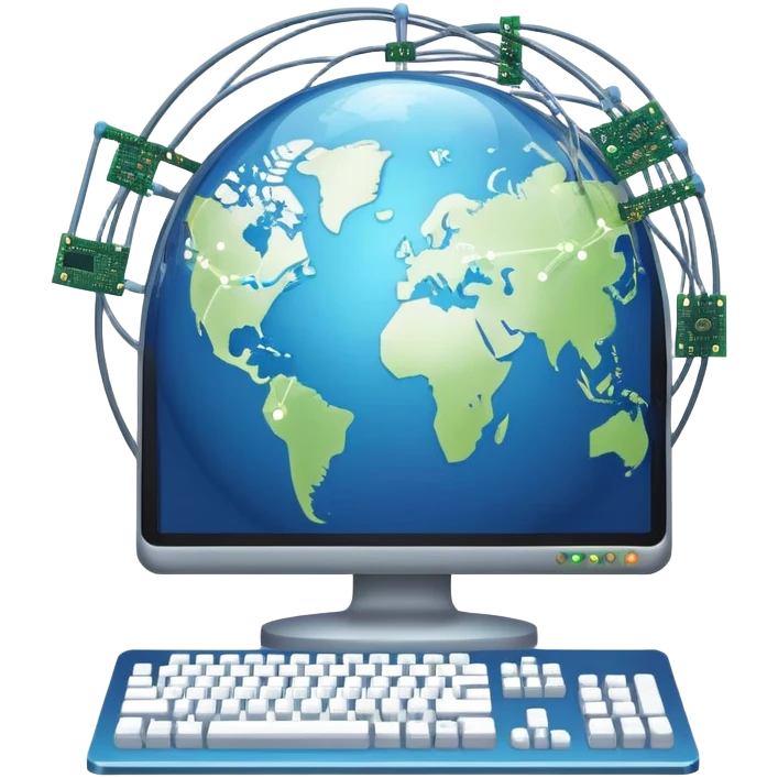 An icon featuring a computer monitor displaying code, a globe with network nodes, and a circuit board, symbolizing IT. The design includes data streams, cloud storage, and a keyboard, representing digital innovation, connectivity, and problem-solving. Transparent background emoji
