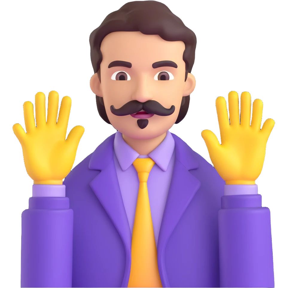 Man with mustache and purple hands emoji