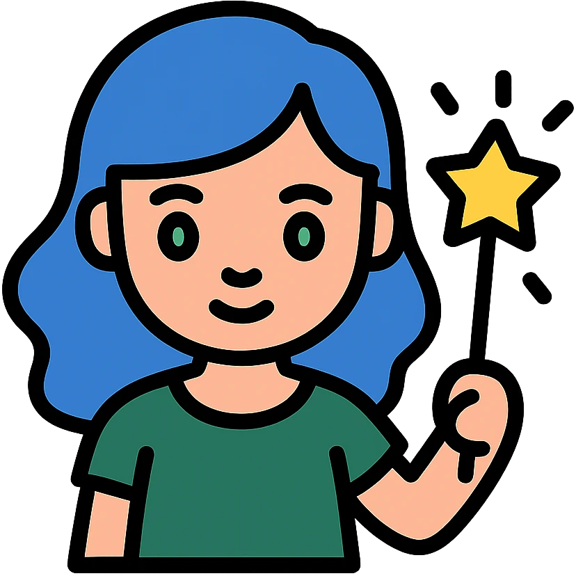 beautiful girl with blue hair and green eyes, holding a magic wand, wearing a dark green dress, color icon style emoji