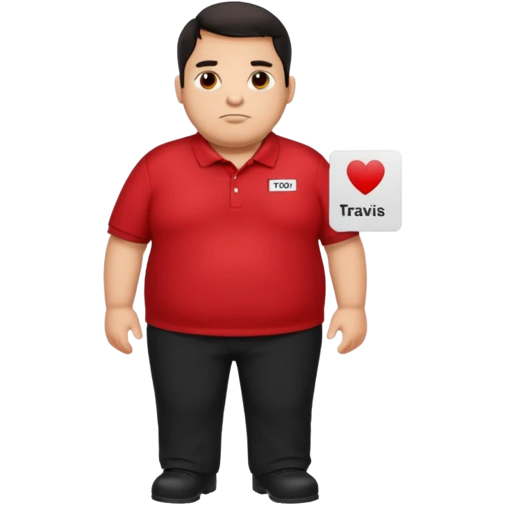 Dark haired Fat guy in red polo with black pants wearing a name tag that says TRAVIS emoji