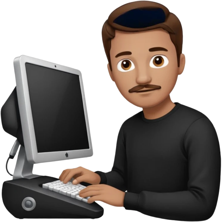  man with mustache, brown hair, 33years old, shirt, high temple Black pullover with a white shirt underneath and black fabric trousers work with couputer emoji