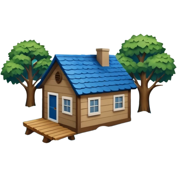 showing a flood disaster scene with powerful blue water waves carrying floating tree branches and wood pieces, small houses partially submerged, dark storm clouds above, heavy rain, realistic yet simple and clean emoji-style design emoji