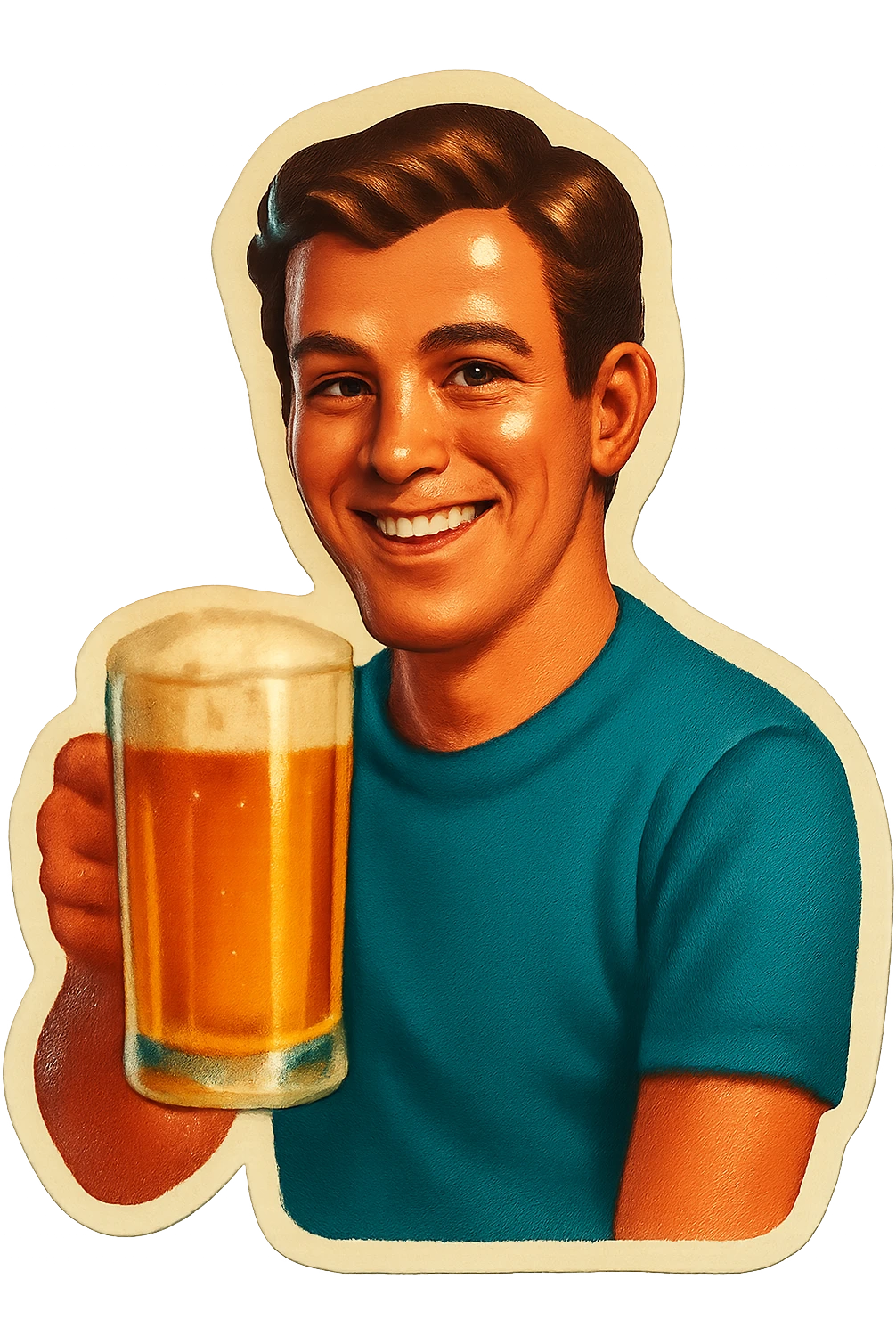 A sticker of a male friend with a glass of beer, smiling emoji