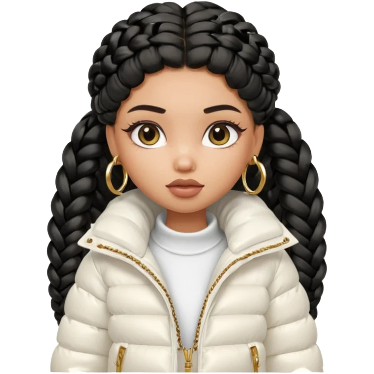 generate a pretty bratz girl with a WHITE puffer jacket, hoops, long braided hair black emoji