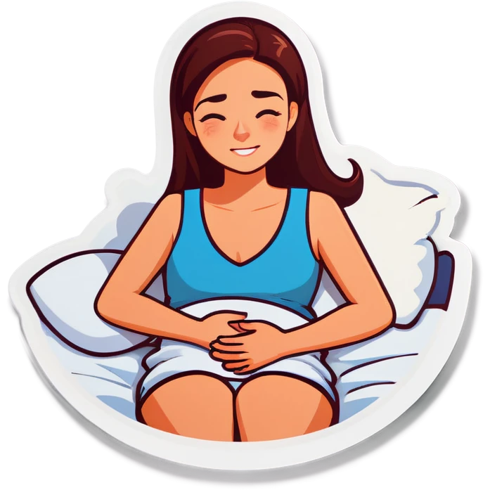 Young woman in bed with tummy pain emoji