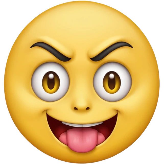 A yellow round face emoji smirking with its tounge out but the eyes are evil and kind of crazy and the eyebrows are turned in but one is raised  emoji