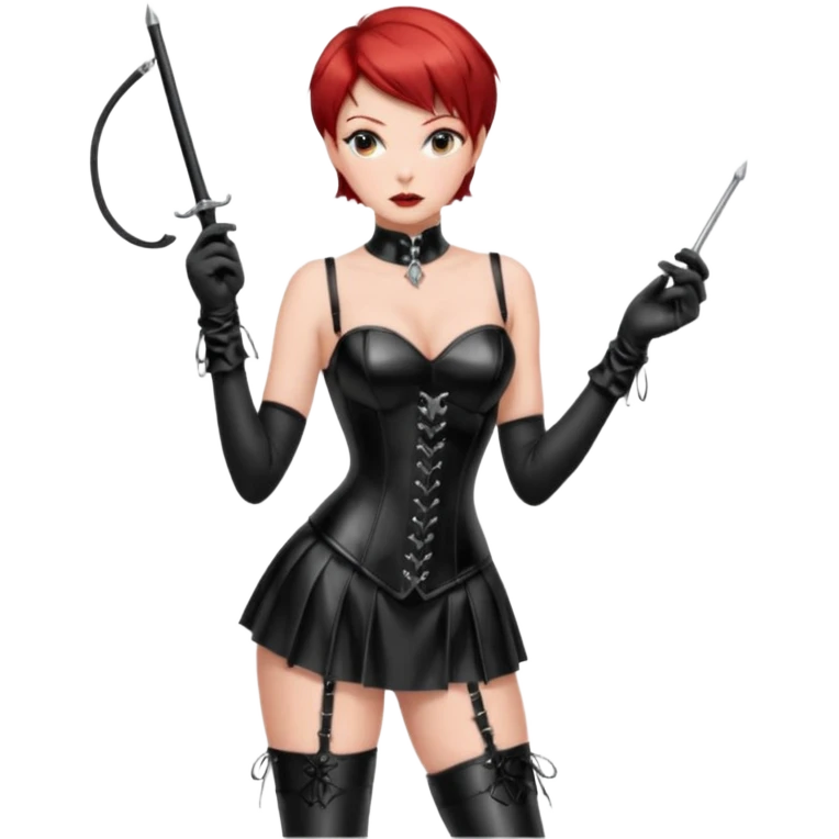 mistress, dominant girl, short red hair, serious look, shiny black leather corset, latex miniskirt, whip in hand, long black gloves, black hold-ups, high heels emoji