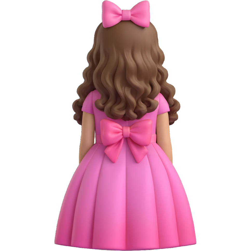 A girl seen from behind with long wavy brown hair, wearing a large pink bow and a pink dress, in 3D iOS emoji style, soft gradients, glossy finish, no background. emoji