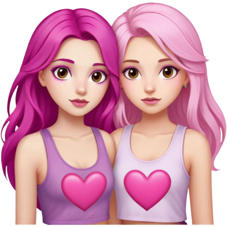 gorgeous pale girl with long magenta pink hair latina makeup next to a gorgeous girl with blonde hair brown eyes and a light pink heart above them both wearing cropped tank tops emoji