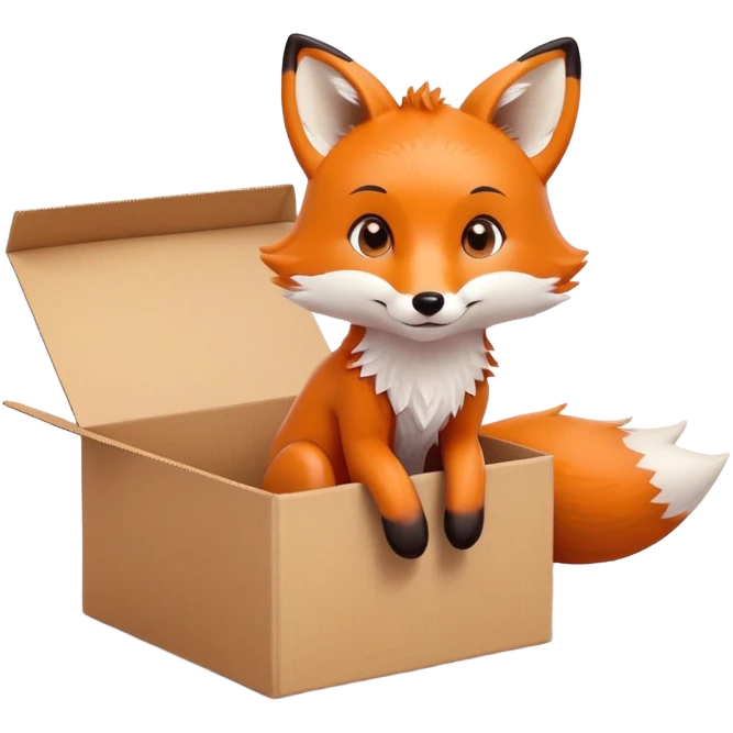 Cute fox sitting in a cardboard box with playful expression, kids toy aesthetic emoji