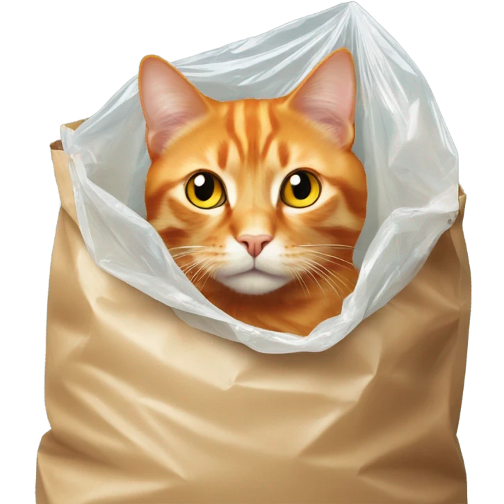 Orange cat with yellow eyes hiding inside of a plastic bag from up view emoji