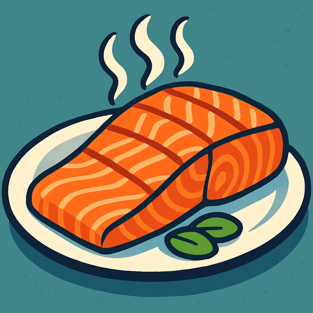 vibrant, appetizing cartoon style salmon fillet on a plate with steam rising emoji