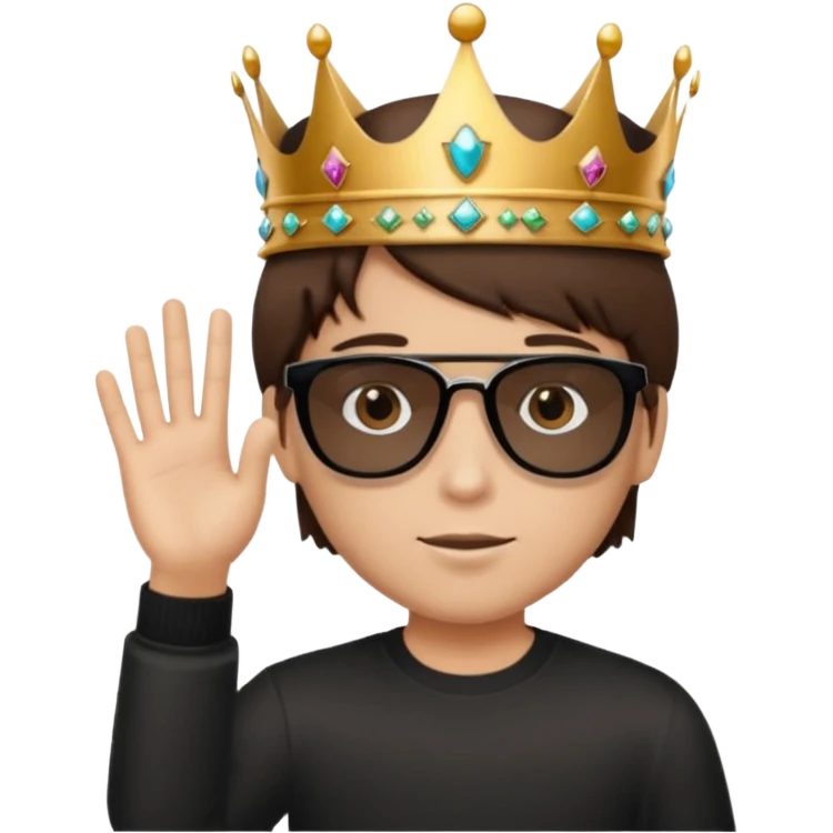Un niño con cabello lacio no muy largo color marrón castaño,ojos marrones,piel no muy blanca, que tenga lentes de sol color negro,reloj en la mano derecha y una corona como sombrero emoji