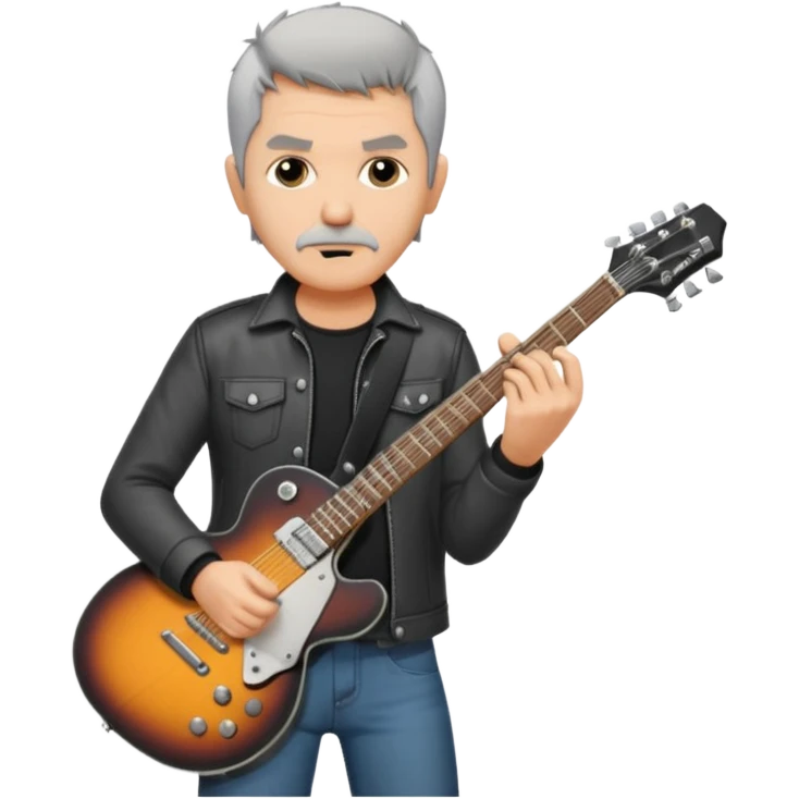 a short grey hair with no beard, middle age metal head with a classic epiphone eletric guitar emoji