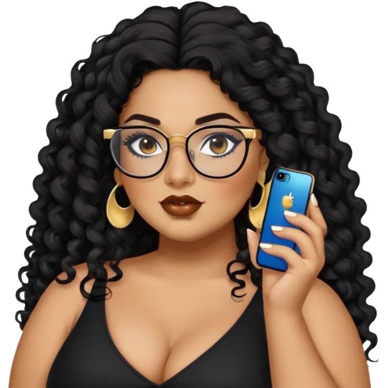 big plus size, latina, darker tan skin, long black curly hair, baddie,pretty, makeup, lipgloss, black eyeliner, long hair, SMALL gold earrings, black top, black glasses emoji