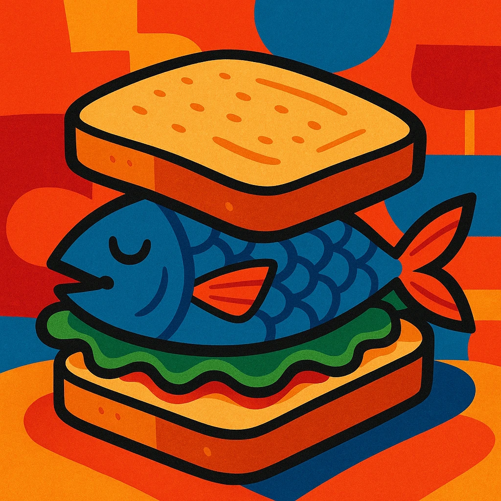 expressive illustration of a sandwich with bread and fish, gourmand atmosphere emoji