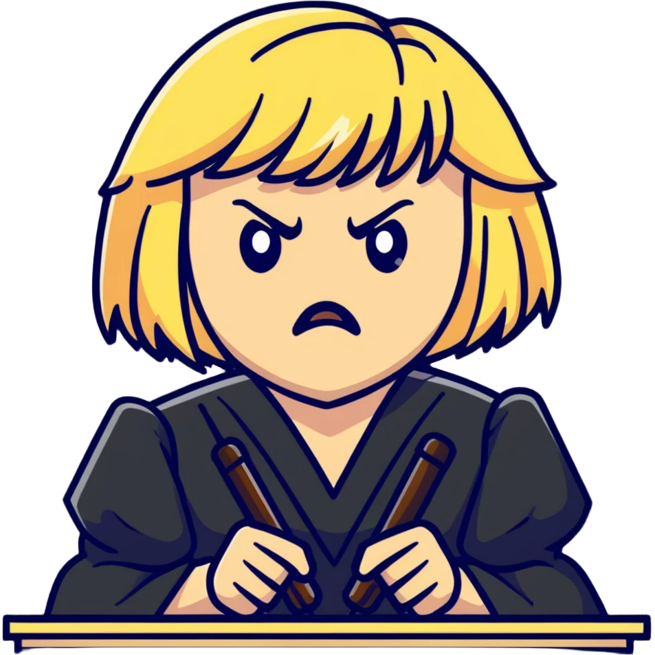 angry judge with blonde shoulder-length hair and bangs emoji