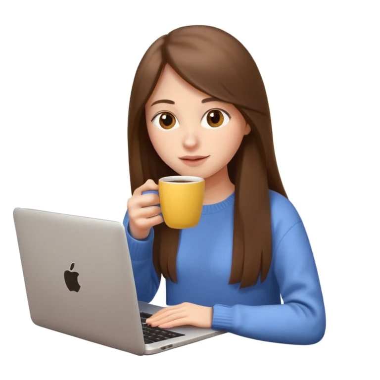 young woman 20 years old, long straight brown hair, wearing a sweater, drinking coffee and working on a laptop, 3D Apple emoji style, light yellow background emoji