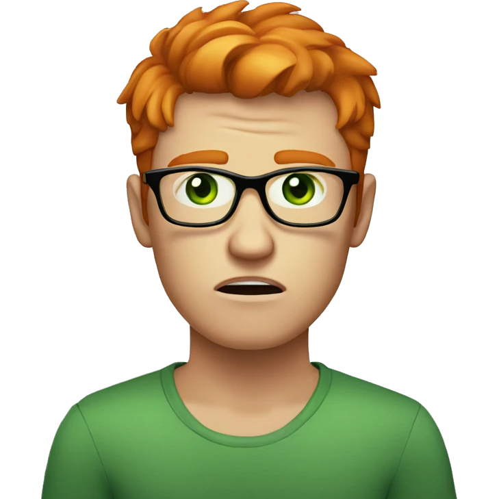 guy with ginger hair, glasses, round face, green eyes, frown, anger, skinny emoji