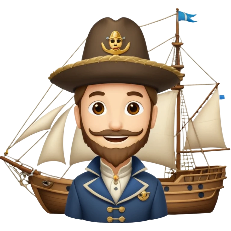 cartoonish Magellan with a feathered hat, standing next to a sailing ship, smiling, emoji style emoji
