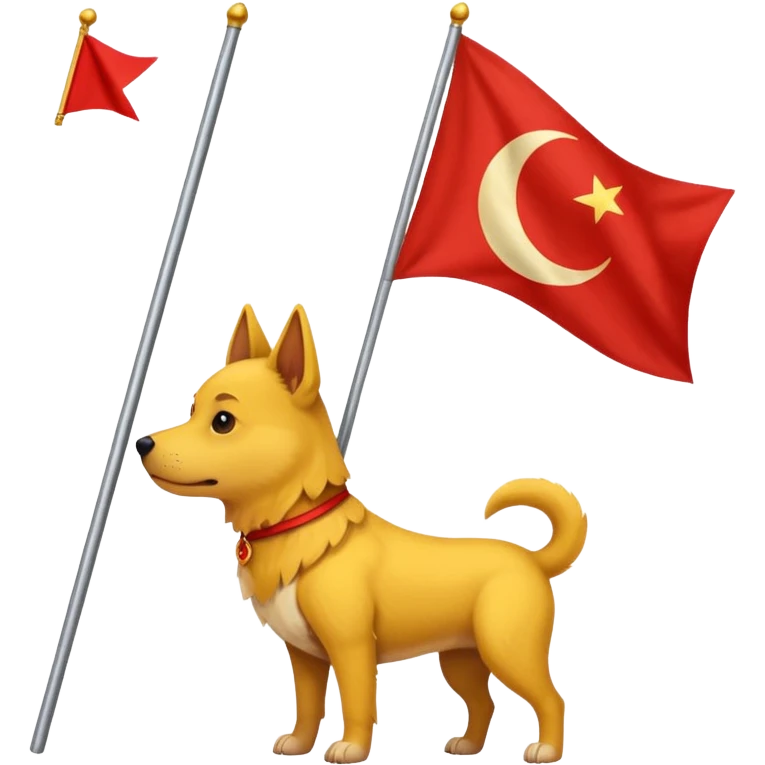 A triangular yellow flag and middle of that flag a red crescent moon within that a Red dog emoji