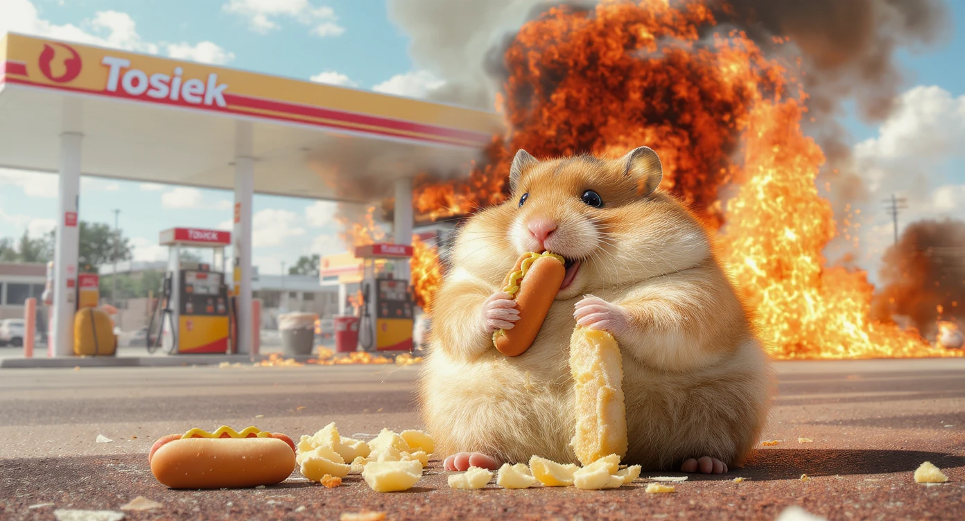 A portrait of a fat hamster eating hotdog on gas station, gas station is in fire, other hamster fun away, sunny day, back light explosion , gas station named "Tosiek" emoji