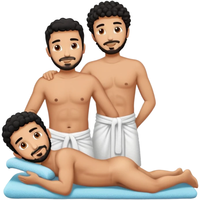 Gebräunter Manm nur mit handtuch um den unterkörper (araber mit schwarzen locken und ziegenbart) bekommt ganzkörpermassage von einem anderen mann emoji