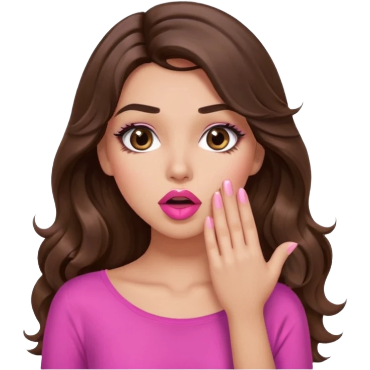 girl with long wavy brown hair, brown eyes, long lashes makeup, sexy pink lips, light to medium complexion, pink sexy top, shocked, hand covering mouth emoji