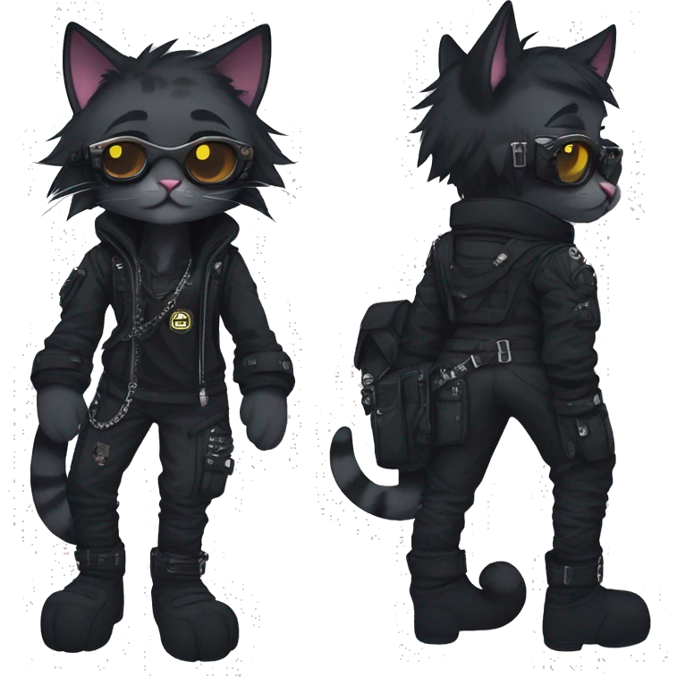 Gorgeous dark techwear cyberpunk style anthro cat sona, punk aesthetic, and pretty edgy black with collar and harness, trending style emoji