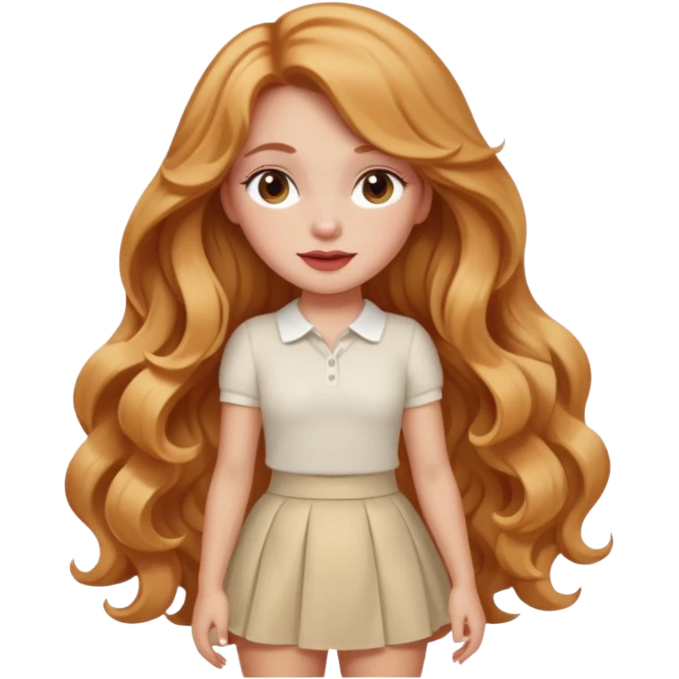 white latina girl with strawberry blonde super long wavy hair, white skirt, blushed cheeks emoji