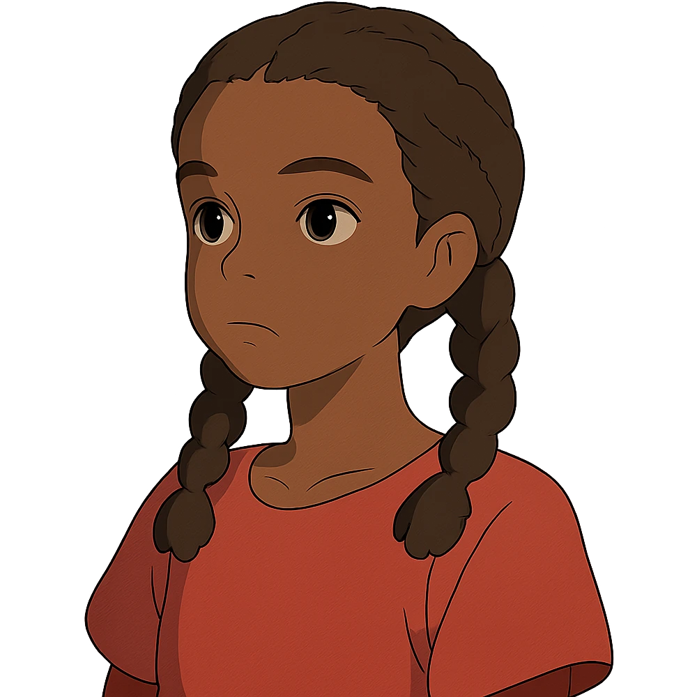 ghibli style dark skin girl with braids and red shirt emoji