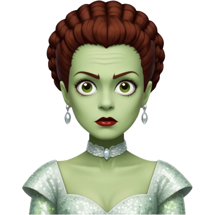 Bride of Frankenstein from Universal Monsters with pale greenish skin, dark auburn hair, white sequin outfit  emoji