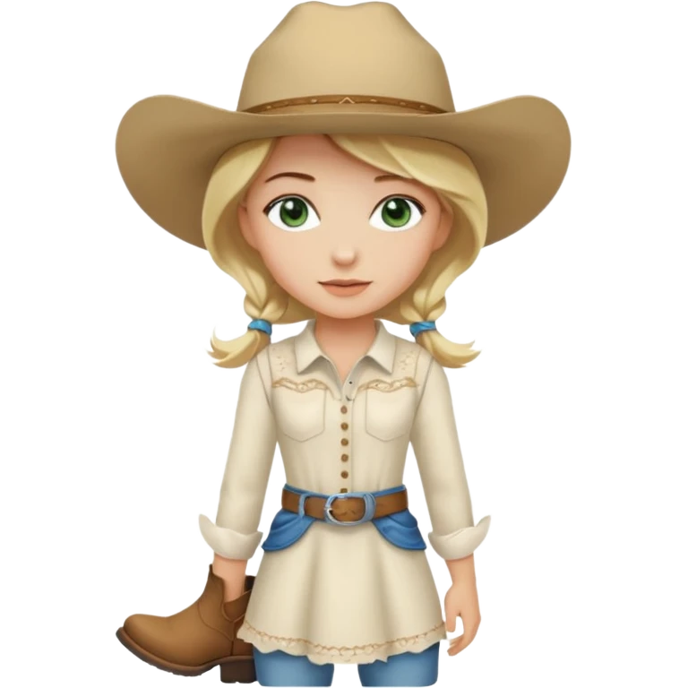 cowgirl bionda con occhi verdi/azzurri con un vestito bianco stivali e cappello beige emoji