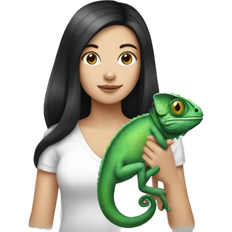 White girl long black hair holding chameleon emoji
