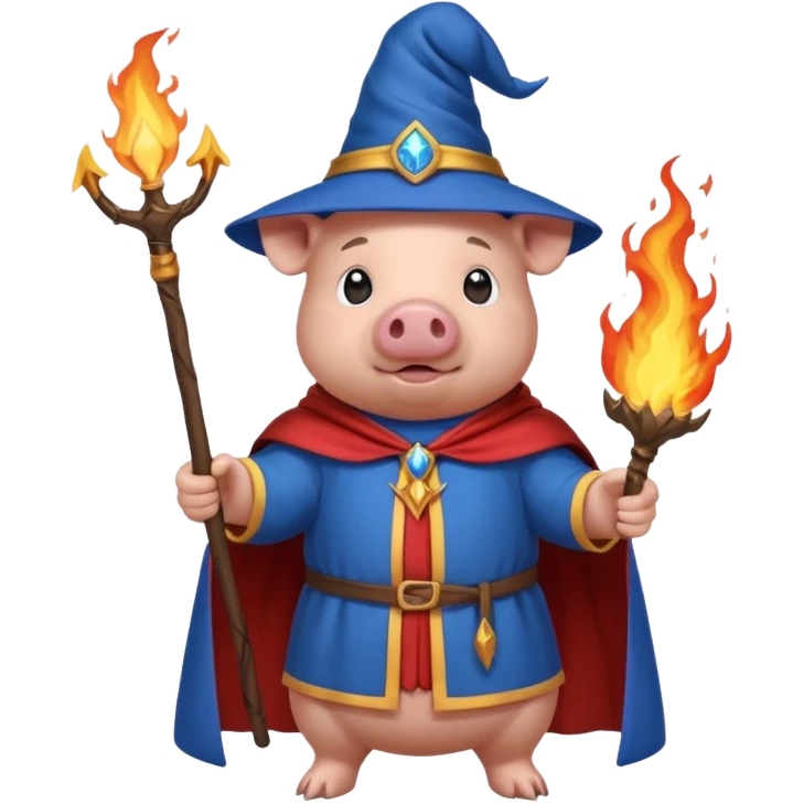 wizard pig summons fire in one hand blue cape emoji