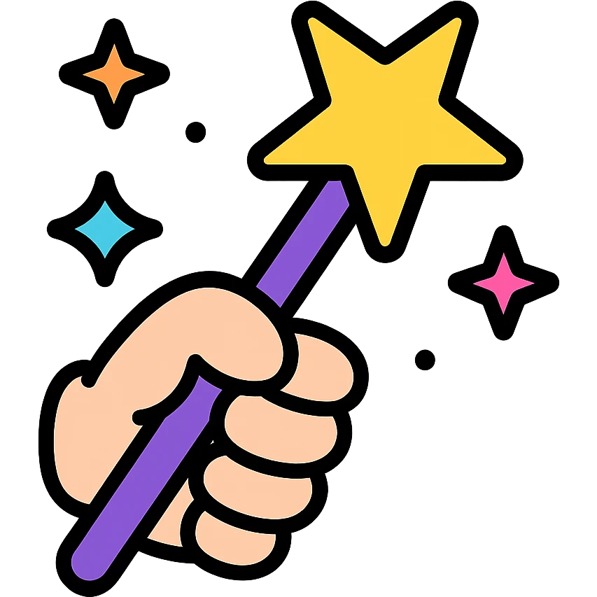 kawaii style magic wand with a chubby hand, surrounded by twinkling stars, colorful icon emoji