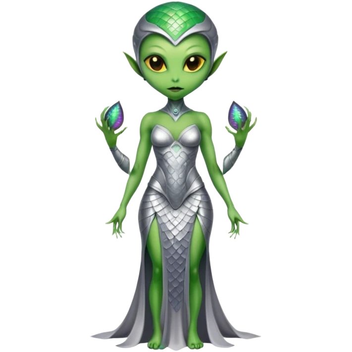 Green Alien woman with scales skin in silver dress, full figure, yellow eyes emoji