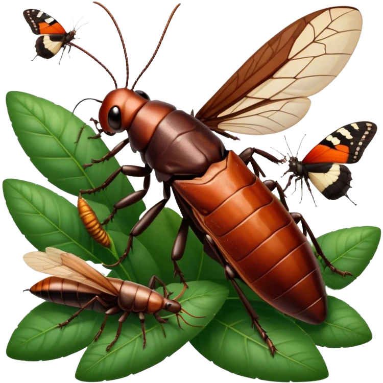 Close-up of giant Madagascar hissing cockroaches, butterflies, and stick insects in their natural habitat. The insects are shown in detail, highlighting their unique textures and colors, surrounded by plants and leaves. Soft lighting to enhance their features. Transparent background. emoji