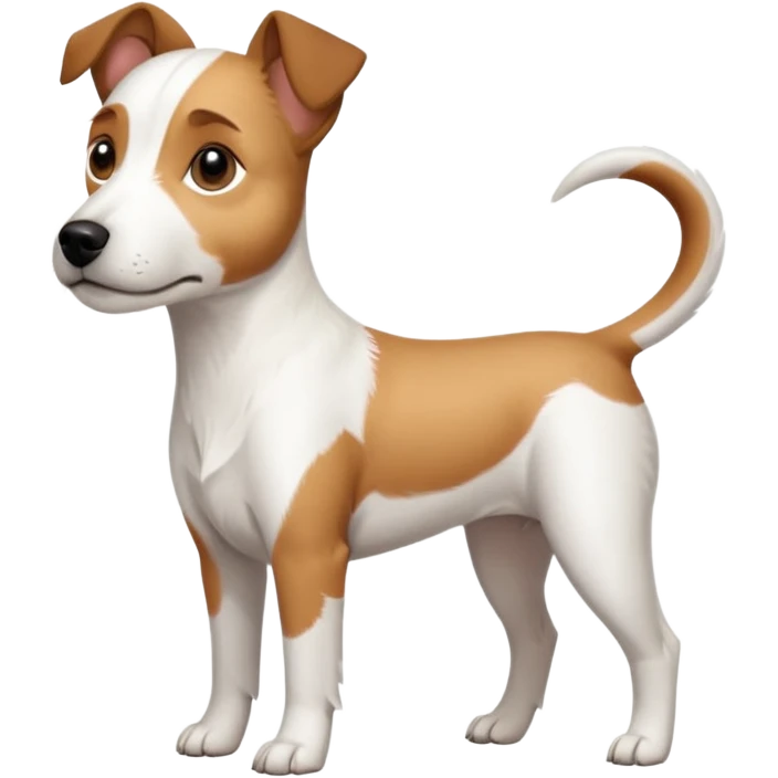 a full body slightly chubby white parson russell terrier looking dog the size of a kelpie with light brown long ears and a light brown patch on one eye and a large snout emoji