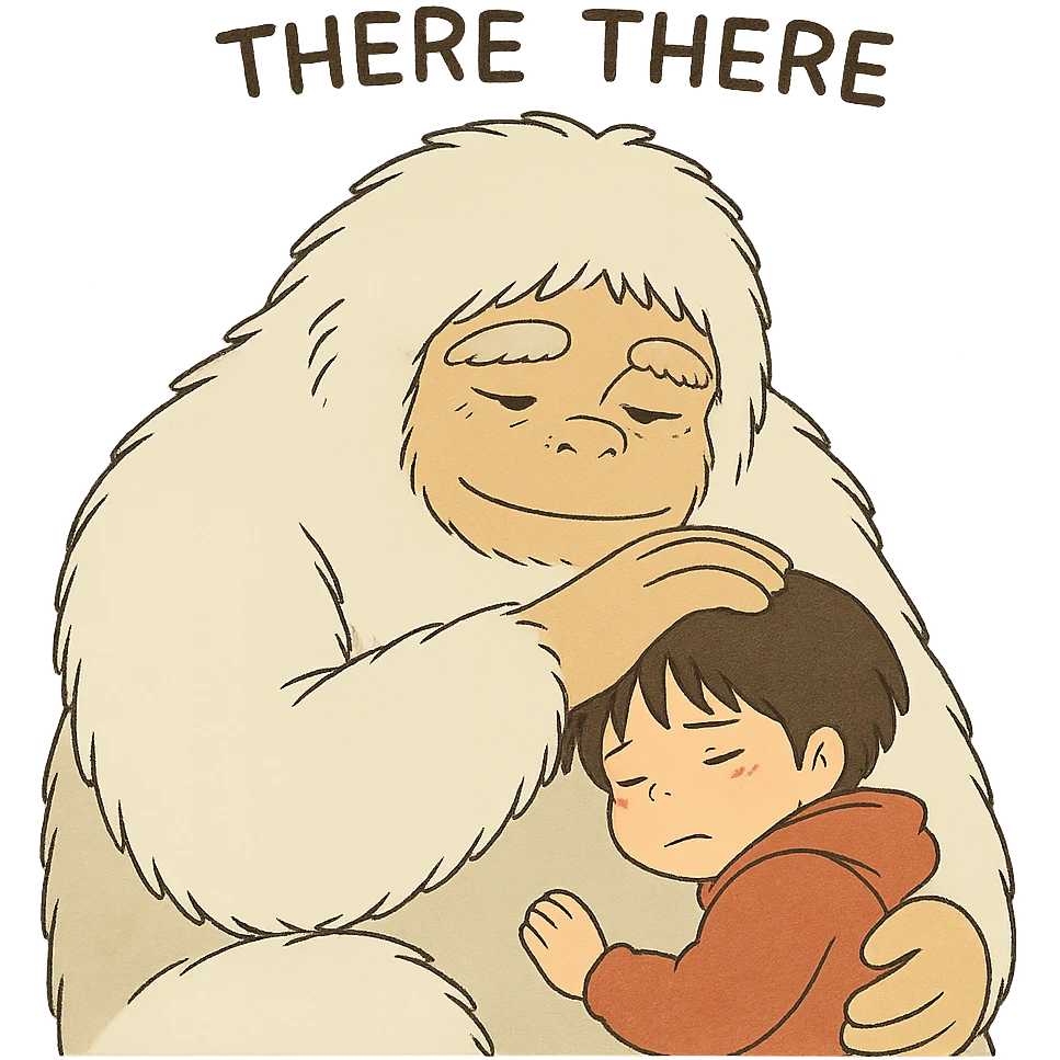 abominable snowman comforting a child, with the words 'there there', ghibli style, suitable for YouTube emoji