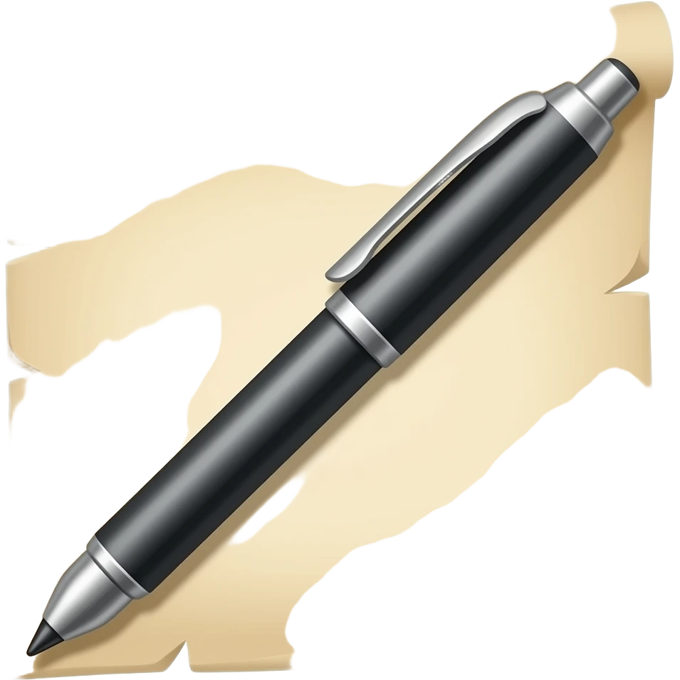 Flat emoji of a simple pen over a small parchment sheet, bold outline, flat colors, transparent background, square, no text. emoji