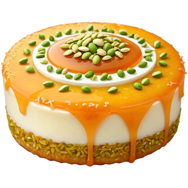 A small round emoji of traditional kanafeh with golden-orange crispy threads, a gooey white cheese center, and a light sprinkle of green pistachios. Warm and delicious-looking. emoji